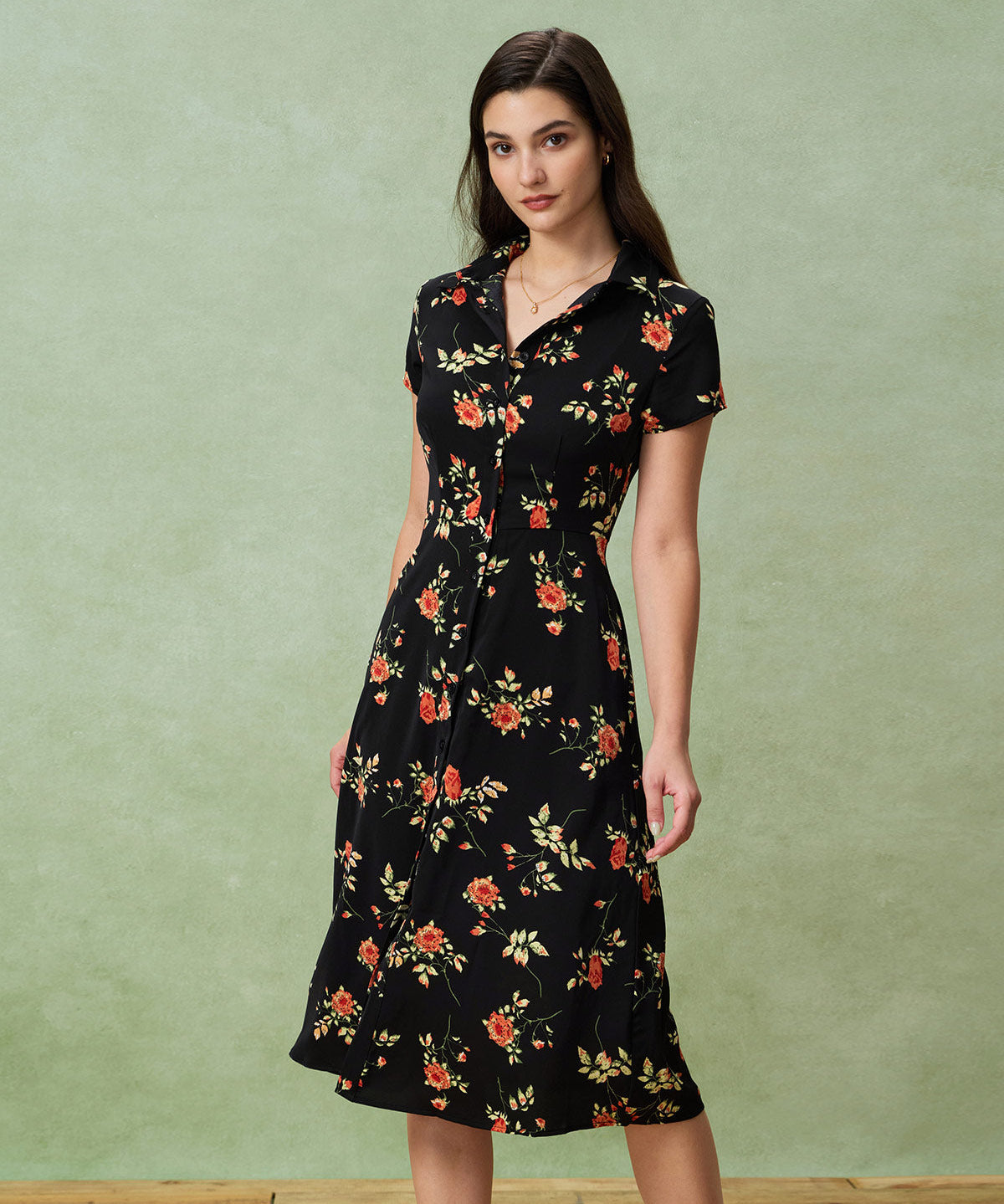 Glória - Midi Kleid Schwarz Floral